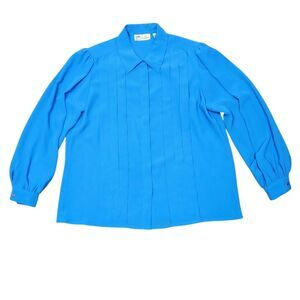 Vintage 80s‎ Blouse Blue Satin Pleated Puffed Shoulder Button Up Long Sleeve 18